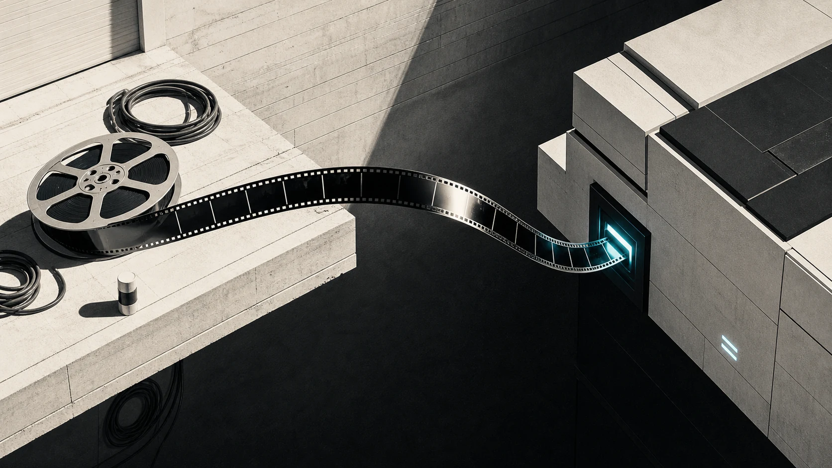 Film strip connecting a theater reel to a streaming terminal for the Reminders of Him release switch.