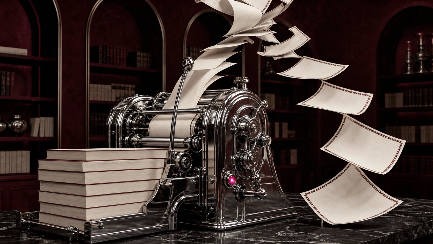Blank romance books moving through an adaptation machine for the Reminders of Him film.