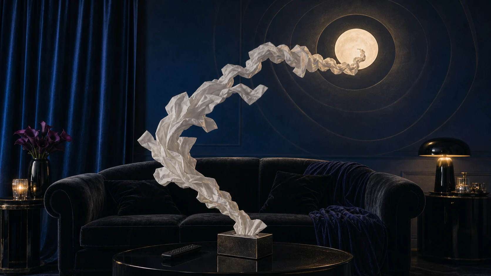 Tissues sweeping above a velvet sofa for the emotional Reminders of Him Peacock release.