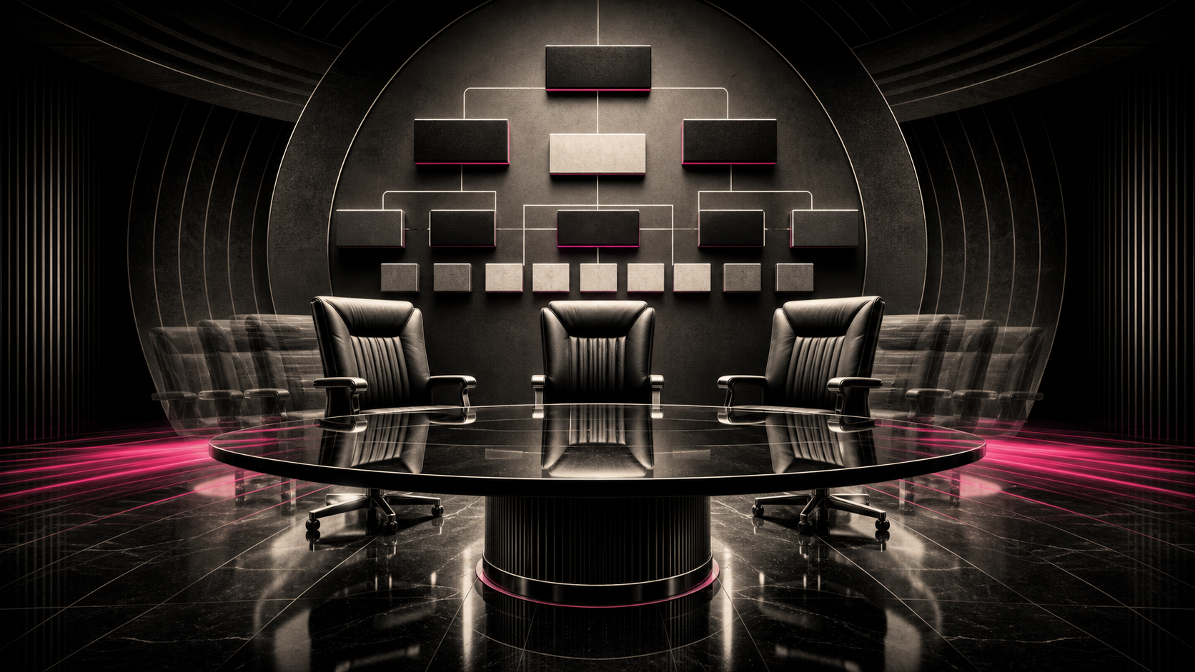 Empty executive chairs and organization blocks symbolizing the Banijay All3Media leadership structure.
