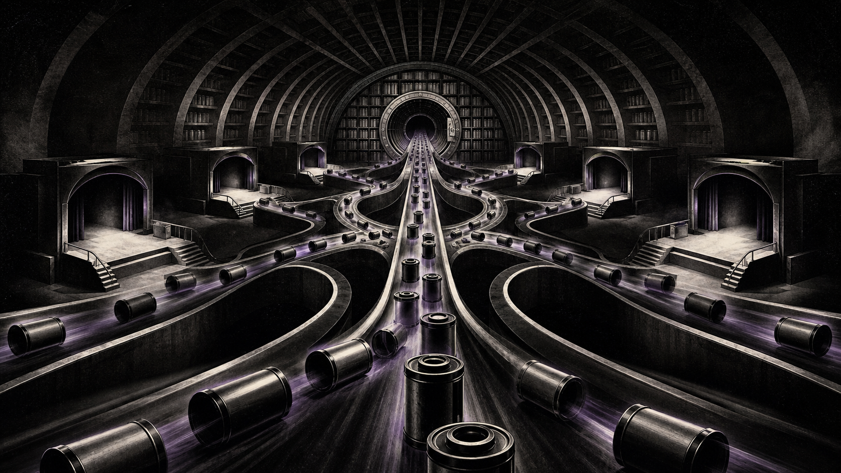 Archive vault and distribution tunnels illustrating the Banijay All3Media catalog and leverage.