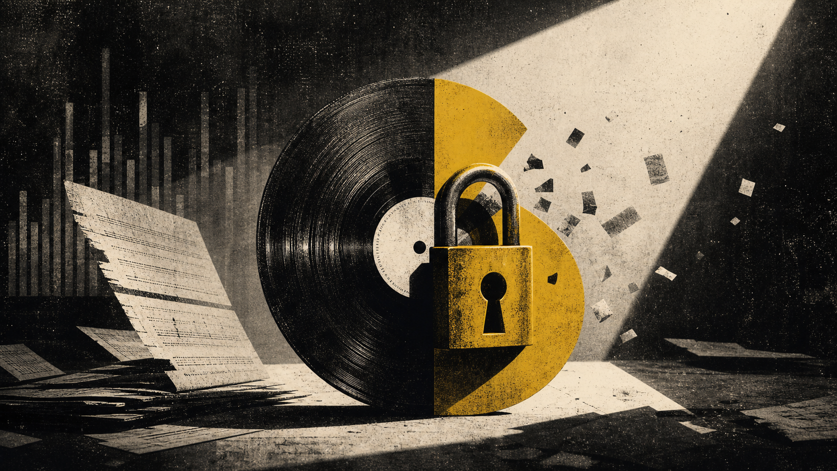 Editorial illustration for public music masters ownership announcements: Music Masters Ownership: What a Public Rights Announcement Can—and Cannot Establish — July 29, 2026 Context Update.