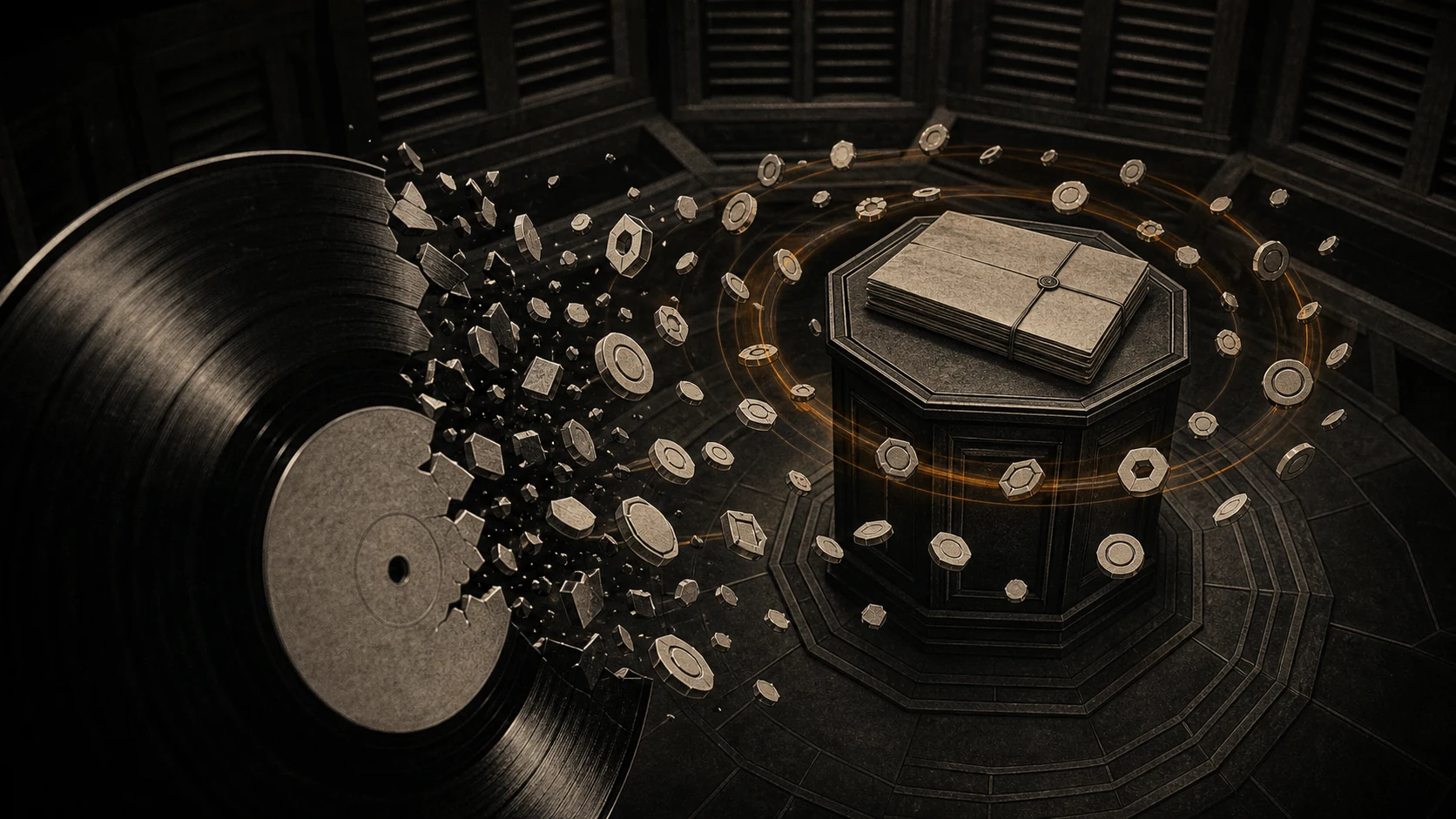 Abstract record fragments and ledger tokens illustrating the fan-participation model behind Distant Lover.