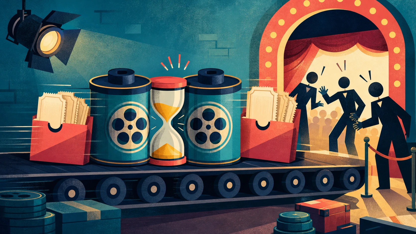 Editorial illustration showing rapid Moana franchise release timing with film reels and an hourglass on a cinema conveyor belt.